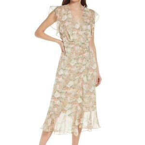 NWT Floret Studios Cream Coral Floral Surplice Neck Midi Dress Women's Medium